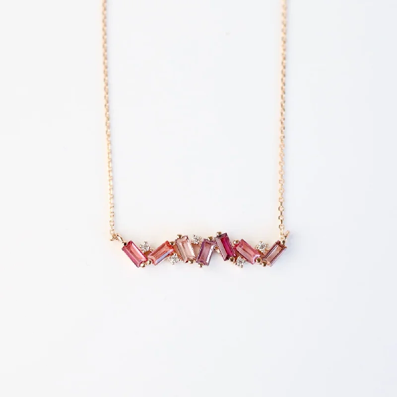 women's necklaces with solitaire stone -Rose Gold Frenesia Mixed Pink Topaz Bar Necklace