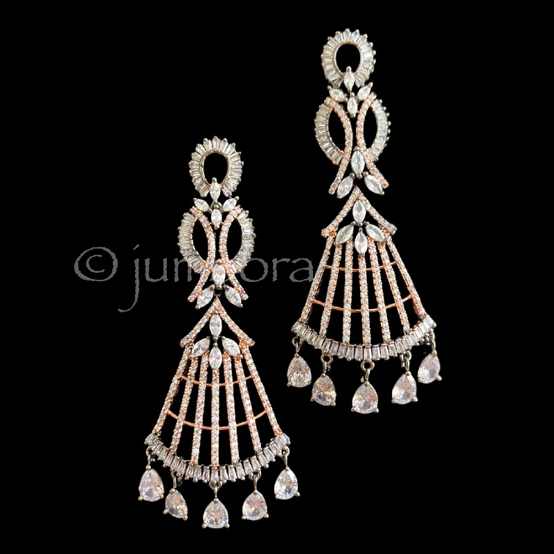 women's earrings with colored stones -Victorian Rose gold Long AD Zircon (CZ) Earrings