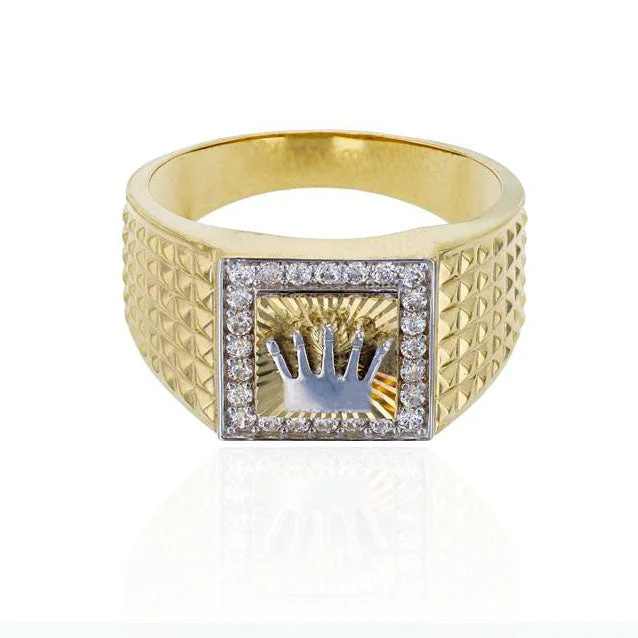 women's rings with yellow gold band -Square Crown CZ Ring (14K)