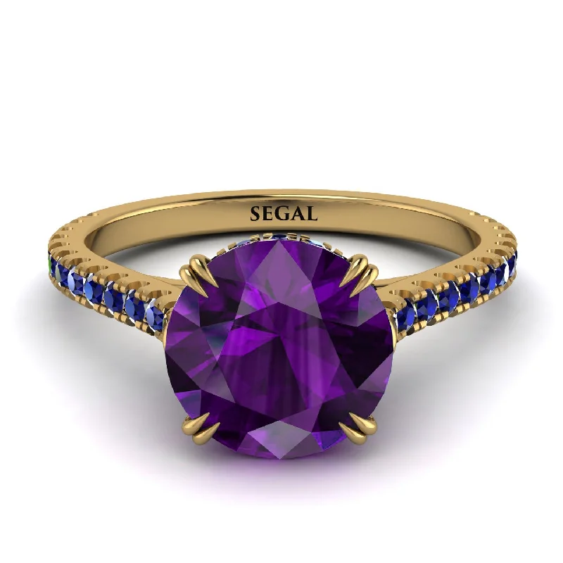 women's engagement rings with diamond band -Hidden Diamond Double Cat Claw Prongs Amethyst Ring - Hazel No. 313