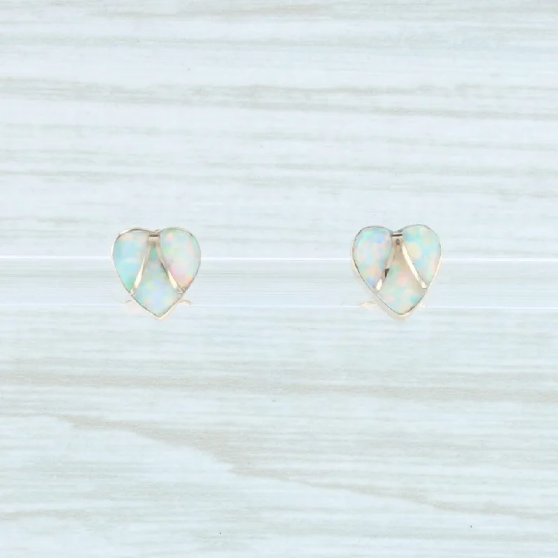 women's earrings with oval design -New Synthetic Opal Mosaic Heart Stud Earrings 14k Yellow Gold Pierced