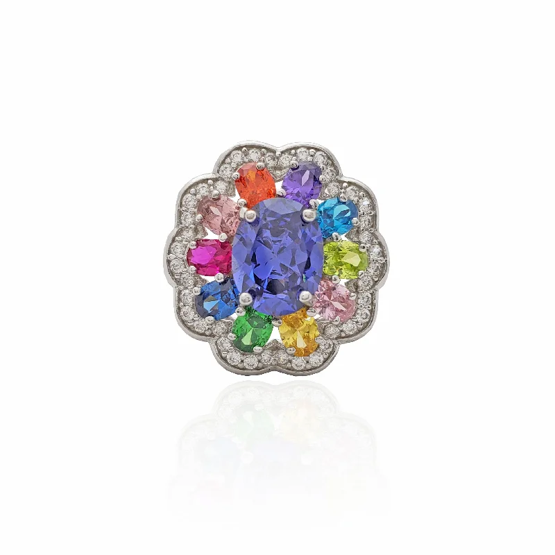 women's rings with gemstone surround -Multi-Color Flower CZ Ring (Silver).