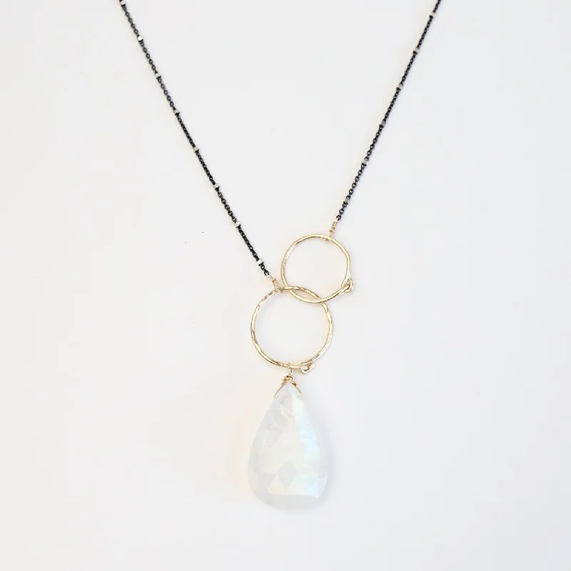 women's necklaces with moonstone charm -Double Gold Filled Rings with Large Rainbow Moonstone Necklace