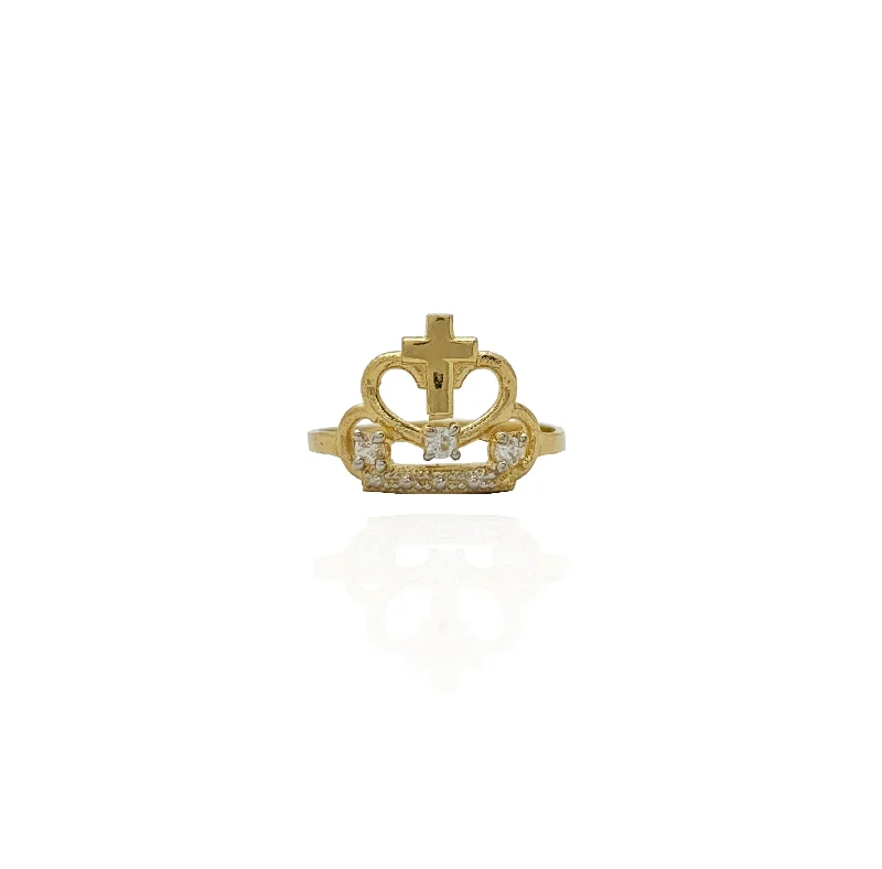 women's rings with textured band -Baby-Sized Cross & Crown Ring (14K)