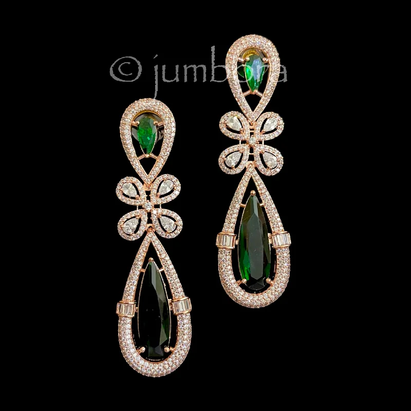 women's earrings with faceted gemstone -Emerald Green Rose gold Long AD Zircon (CZ) Earrings