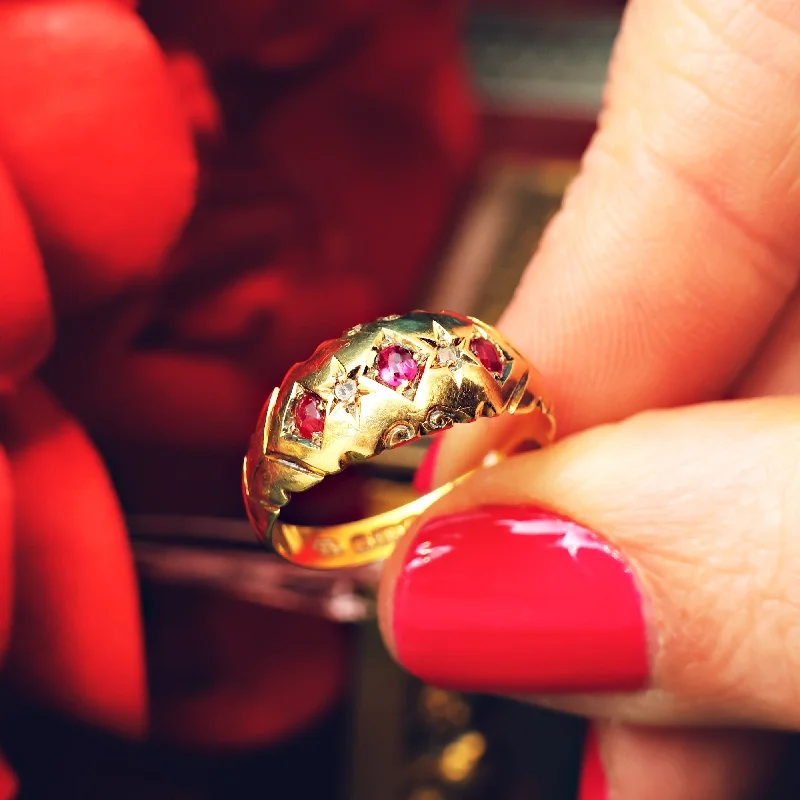 women's engagement rings with round halo -Antique Date 1907 Ruby & Diamond Gypsy Ring