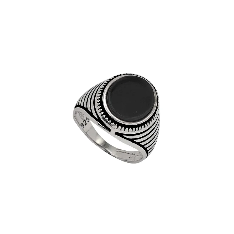 women's rings with romantic design -Antique-Finish Ridged Oval Black Onyx Men's Ring (Silver)