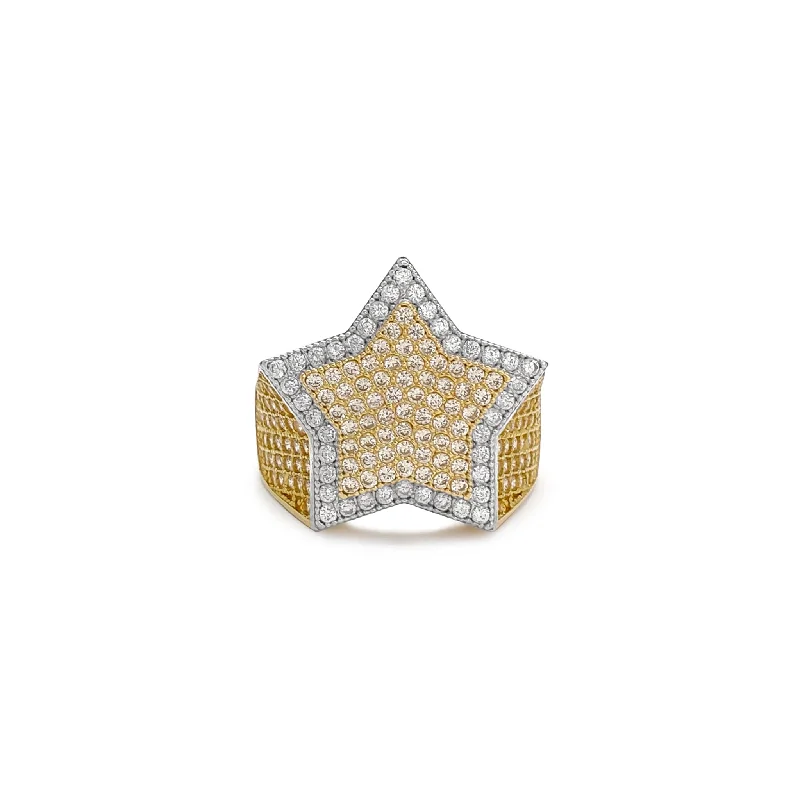 women's rings with emerald-cut stone -Iced-Out Double Star Ring (14K)