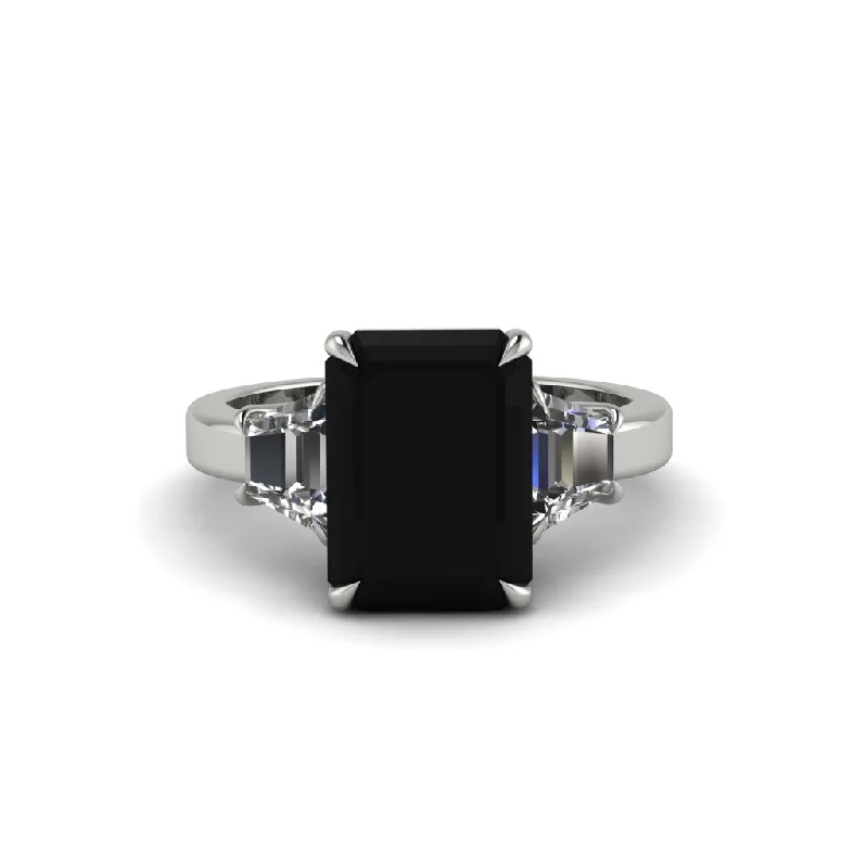 women's engagement rings with custom engraving -Black Diamond Emerald Cut Three Stone Ring With Custom Baguette - Yvette No. 9