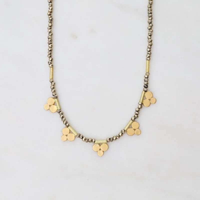 women's necklaces with herringbone chain -Pyrite Bead Necklace with Five 22k Trios