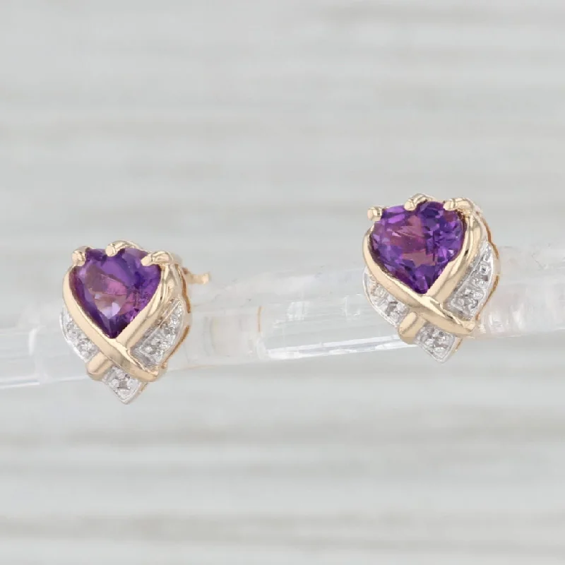 women's earrings with drop and hook -1.65ctw Amethyst Heart Stud Earrings 14k Yellow Gold Diamond Accents