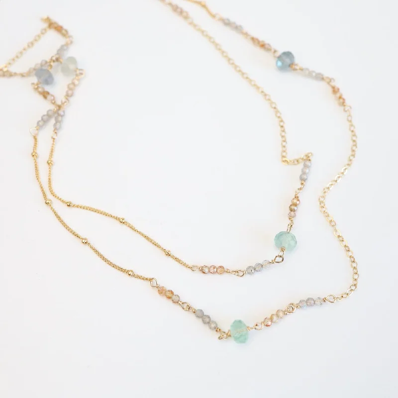 women's necklaces with polished gold pendant -36" Mixed Gold Filled Chain with Stations of Flourite Necklace