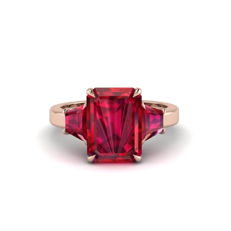 women's engagement rings with ruby center stone -Ruby Emerald Cut Three Stone Ring With Custom Baguette - Yvette No. 56