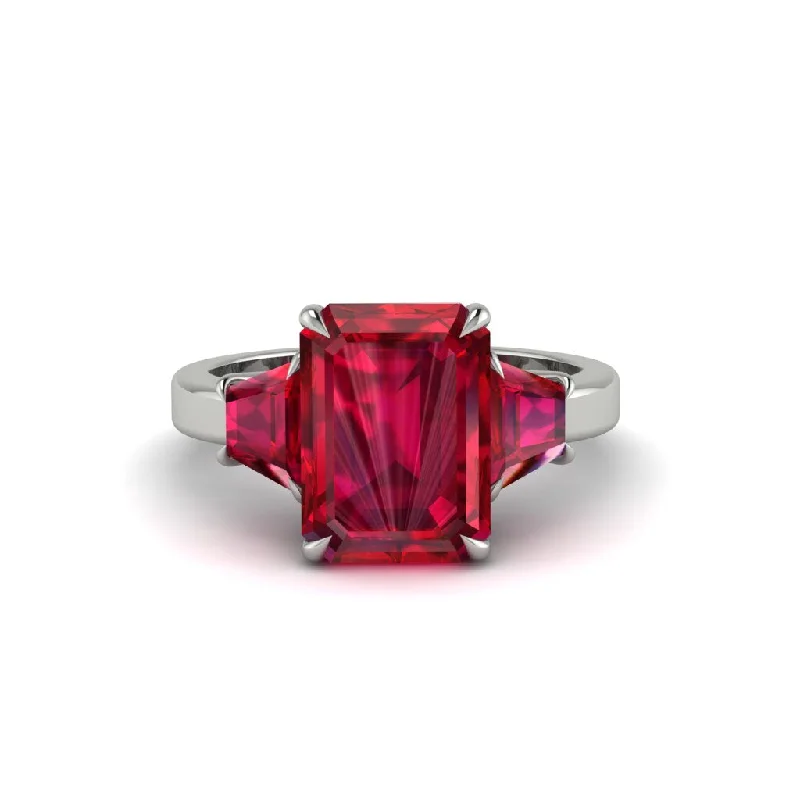 women's engagement rings with gemstone halo -Ruby Emerald Cut Three Stone Ring With Custom Baguette - Yvette No. 57