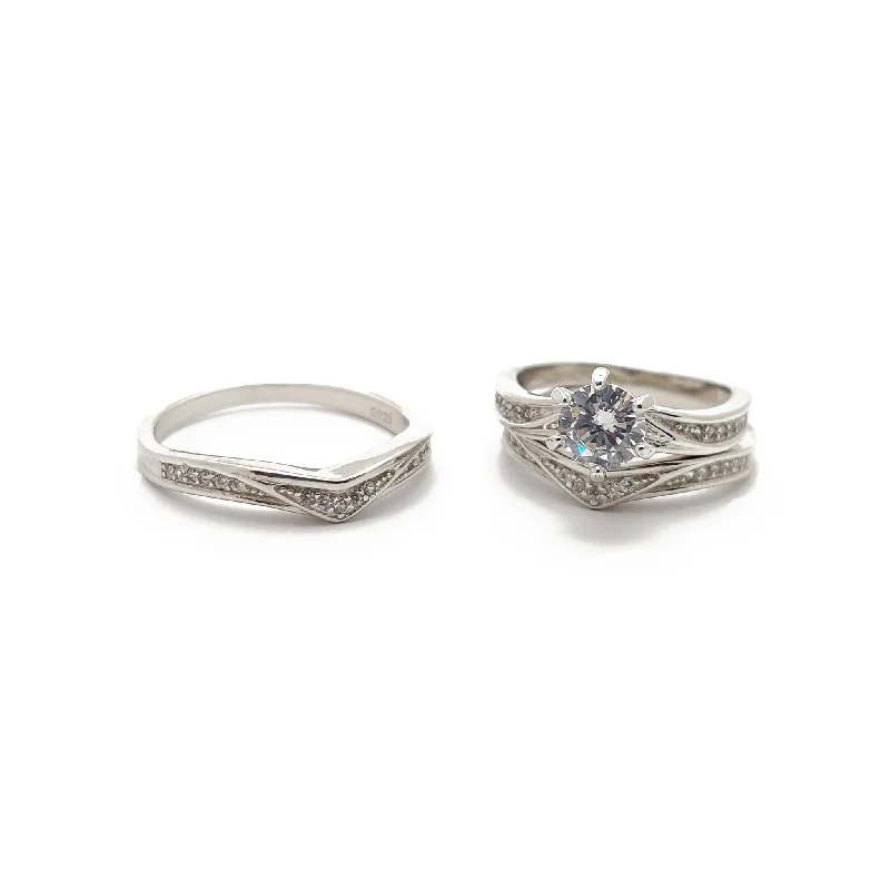 women's rings with oval-cut gemstone -Pave Crest Three Piece Set Rings (Silver)