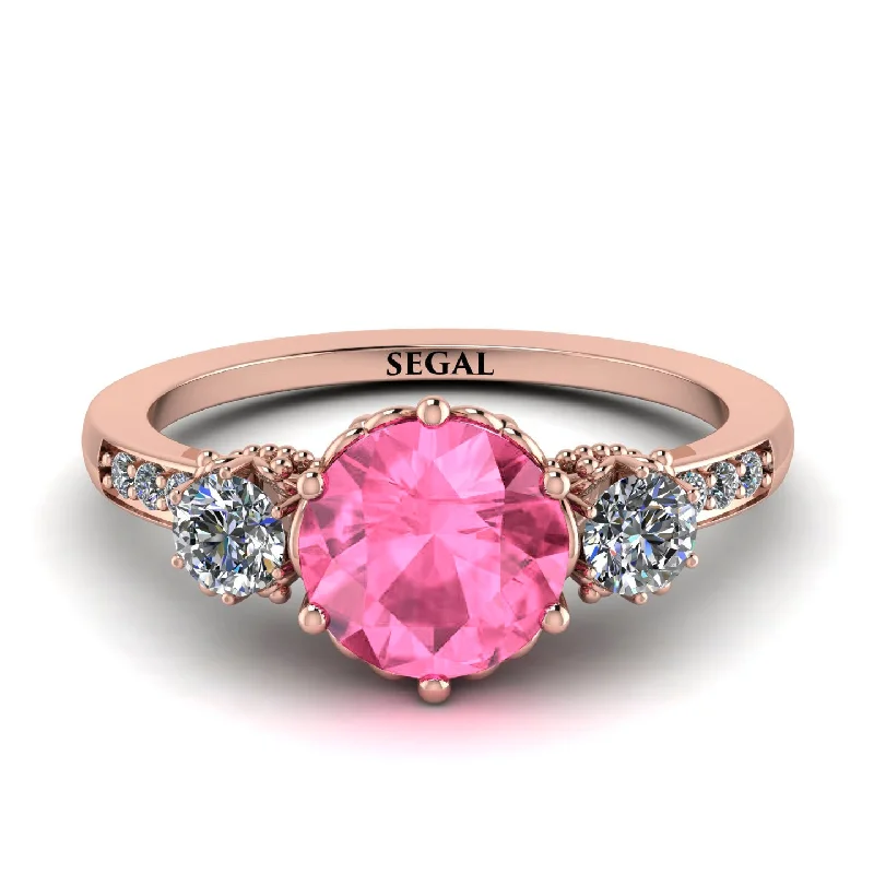 women's engagement rings with ruby -Vintage 3 Stones Pink Moissanite Ring With Micro Pave - Luna No. 802