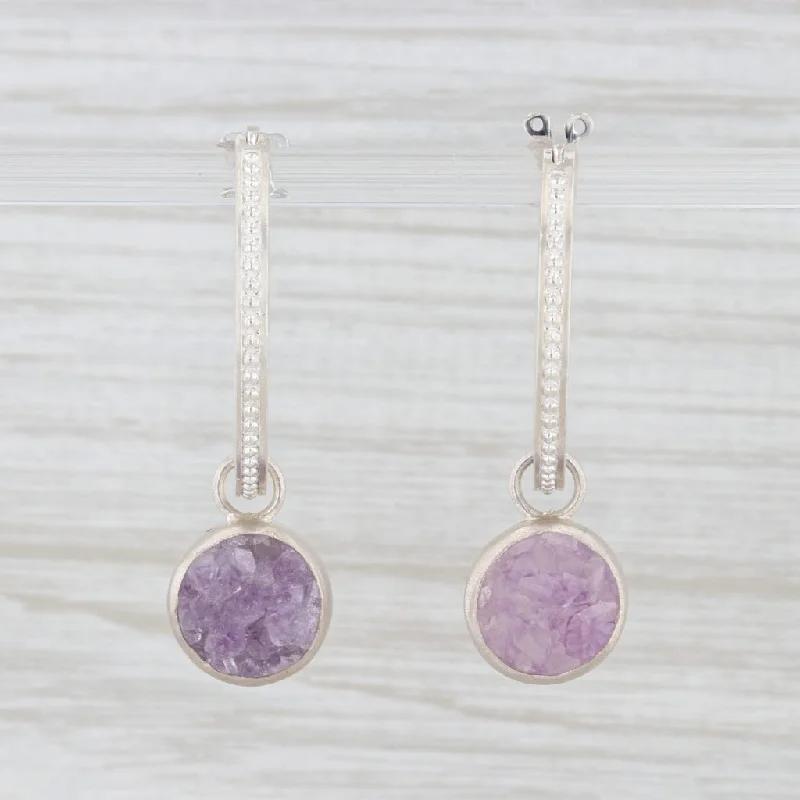 women's earrings with cubic zirconia stones -New Nina Nguyen Druzy Amethyst Hoops with Charms Earrings Sterling Silver