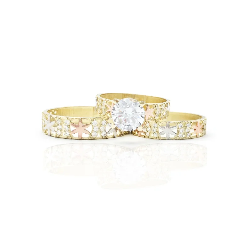 women's rings with intricate design -Three Pieces Tri-Color Leaf Design CZ Ring (10K)