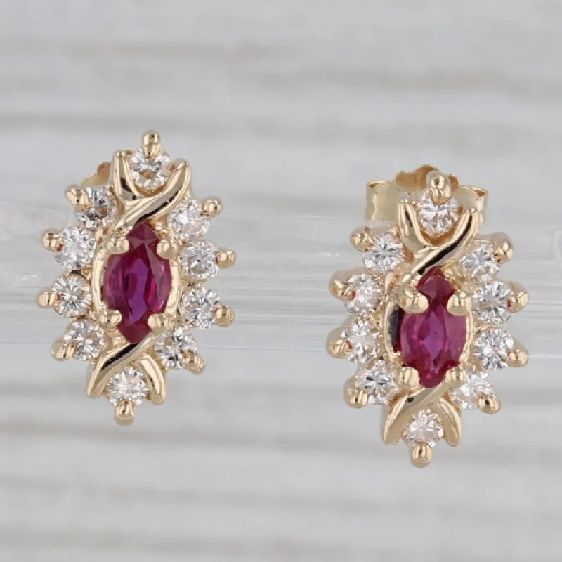 women's earrings with statement design -0.84ctw Marquise Ruby Diamond Halo Stud Earrings 14k Yellow Gold