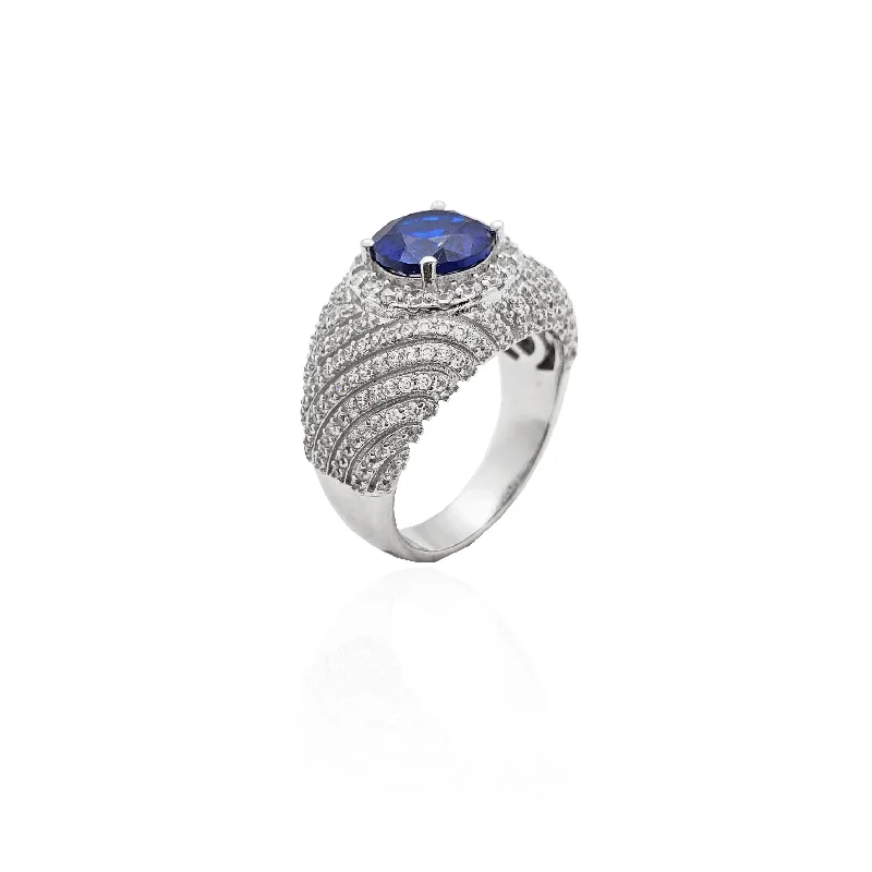 women's rings with polished finish -Blue Stone Gem-Striated Ring (Silver)