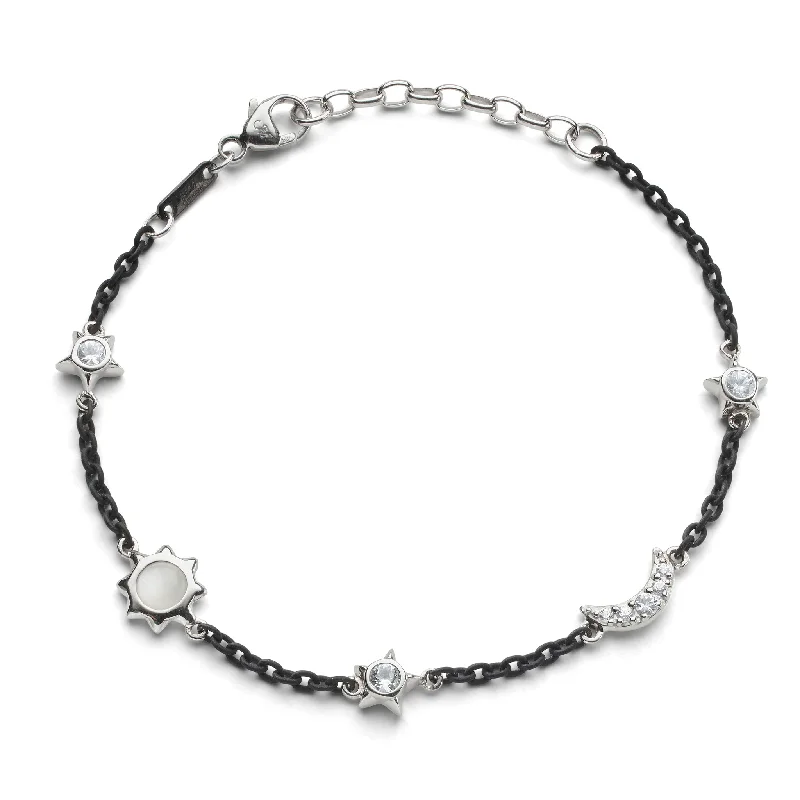 women's bracelets with modern aesthetic -Sun, Moon and Stars Moonstone and White Sapphire Steel Chain Bracelet