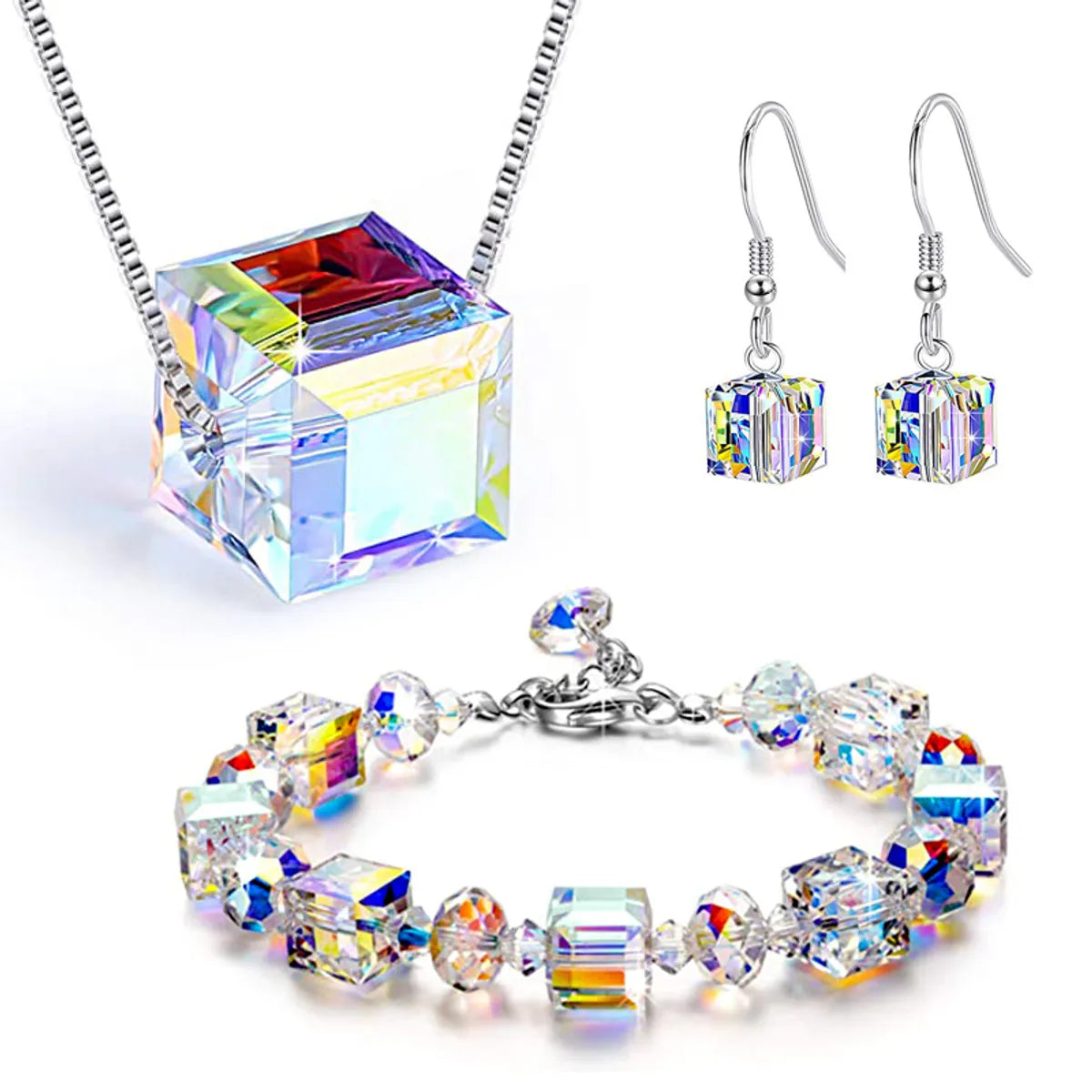 women's bracelets with engraved -Fashion Geometric Square Austrian Crystal Women's Bracelets Earrings Necklace