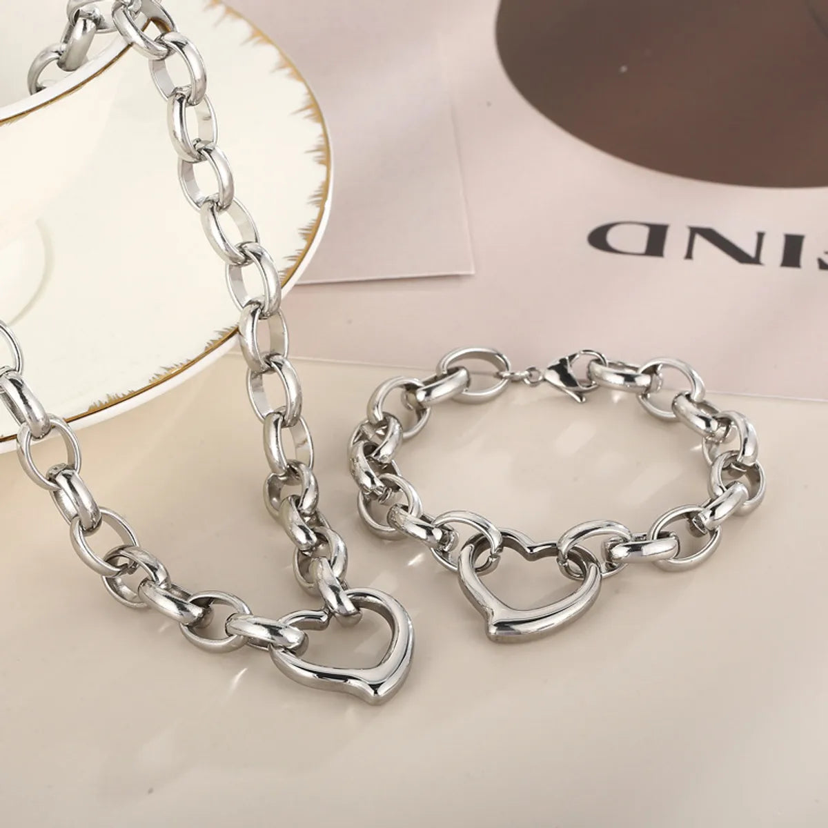 women's bracelets with pave diamonds -Fashion Heart Shape Titanium Steel Plating Hollow Out Bracelets Earrings Necklace