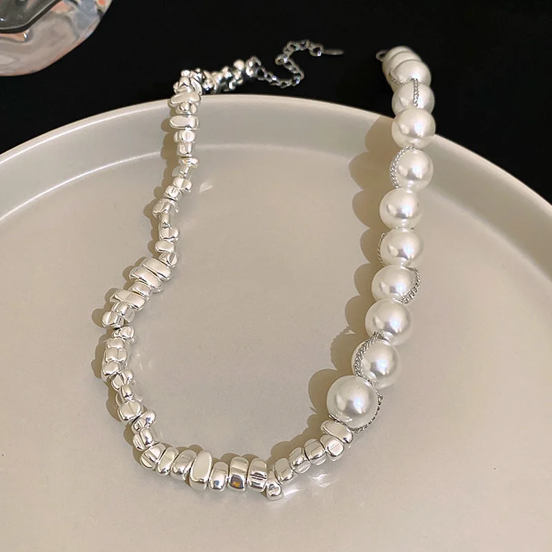 Half Pearl Geometric Silver Necklace