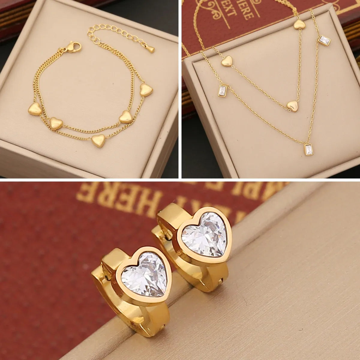 women's bracelets with sapphire -Retro Heart Shape Stainless Steel Plating Inlay Artificial Diamond Bracelets Earrings Necklace