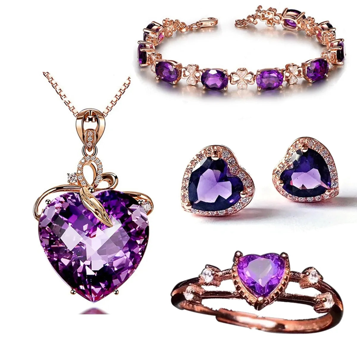 women's bracelets with gemstone clasp -Heart-shaped Amethyst Pendant Necklace Four-leaf Clover Bracelet Amethyst Earrings Set