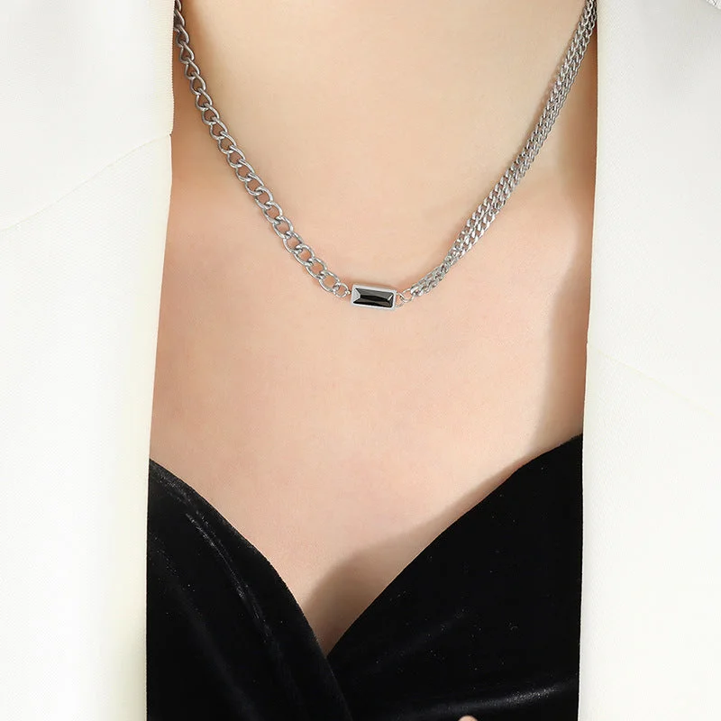 P765-Steel Black Zircon Necklace-40+5cm