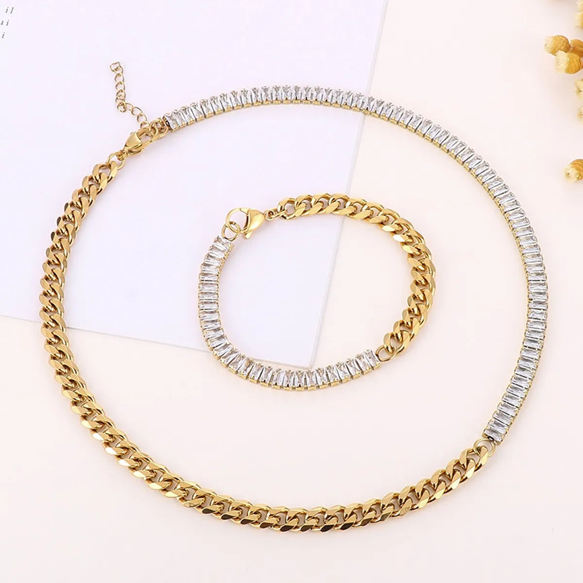 women's bracelets with gemstone accent -Wholesale Fashion Geometric Titanium Steel Plating 18k Gold Plated Zircon Bracelets Necklace