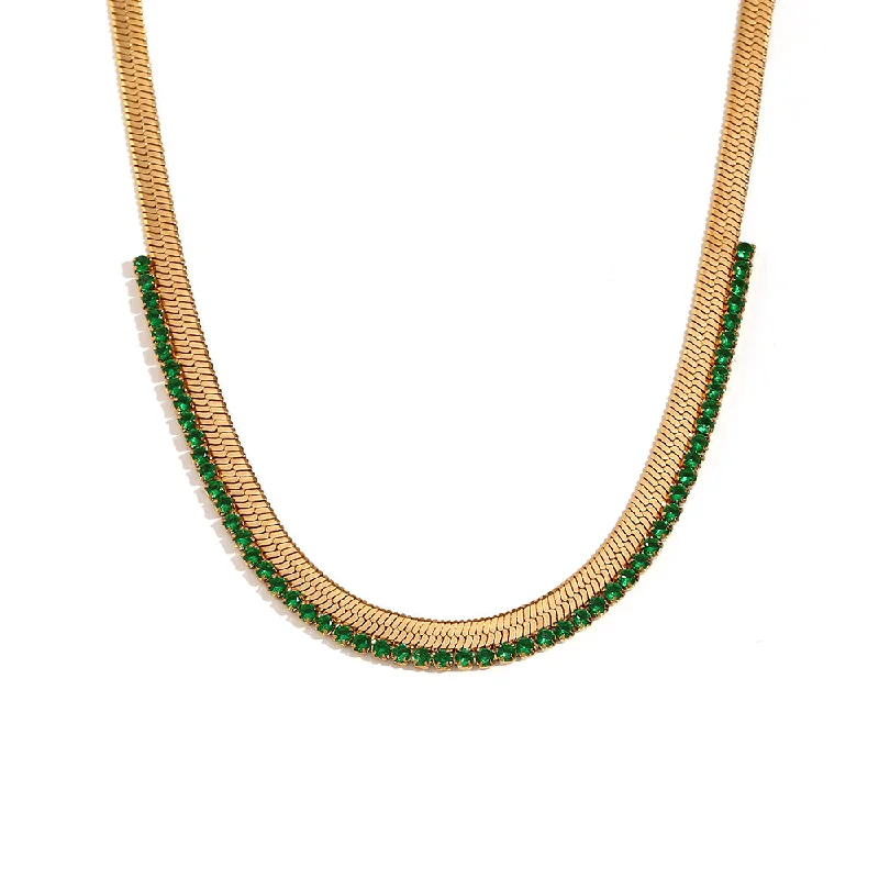 Zircon Fishbone Stitching Necklace-Gold-Green diamond