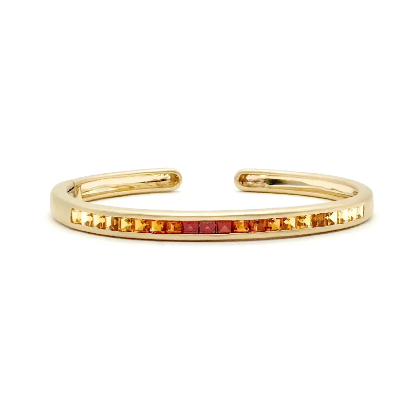 women's bracelets with studded design -Hinged Oval Cuff Bracelet with Ombre Citrine & Red Garnet Squares