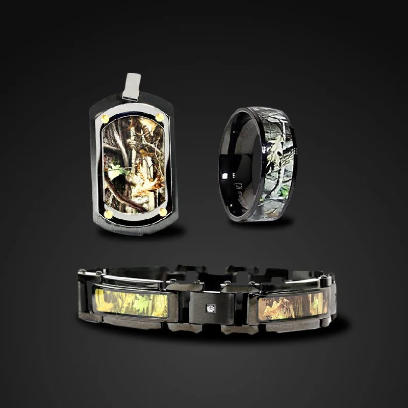 women's bracelets with gold accents -3 pc Black Camo Jewelry Set Hunting Bracelet Ring Dog Tag