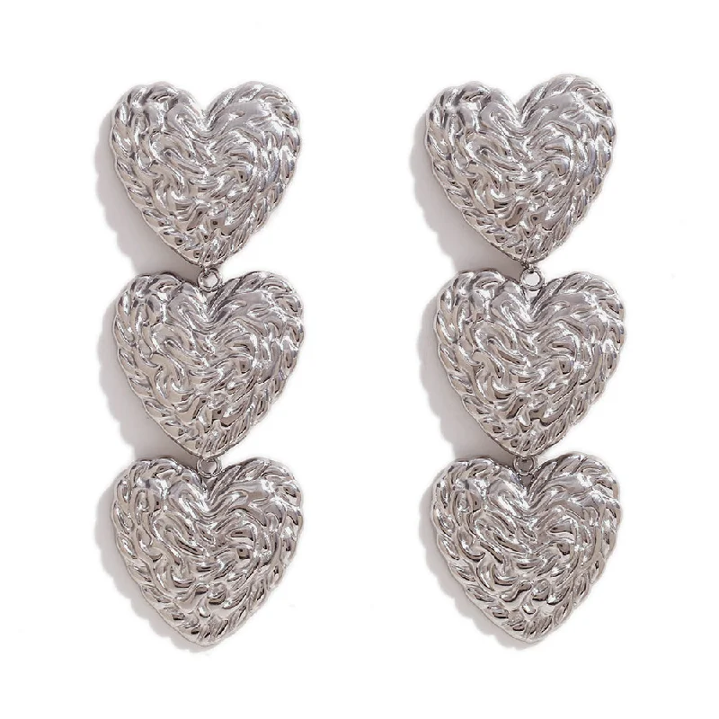 Beating Pattern Three Peach Heart Eardrops-Steel Color