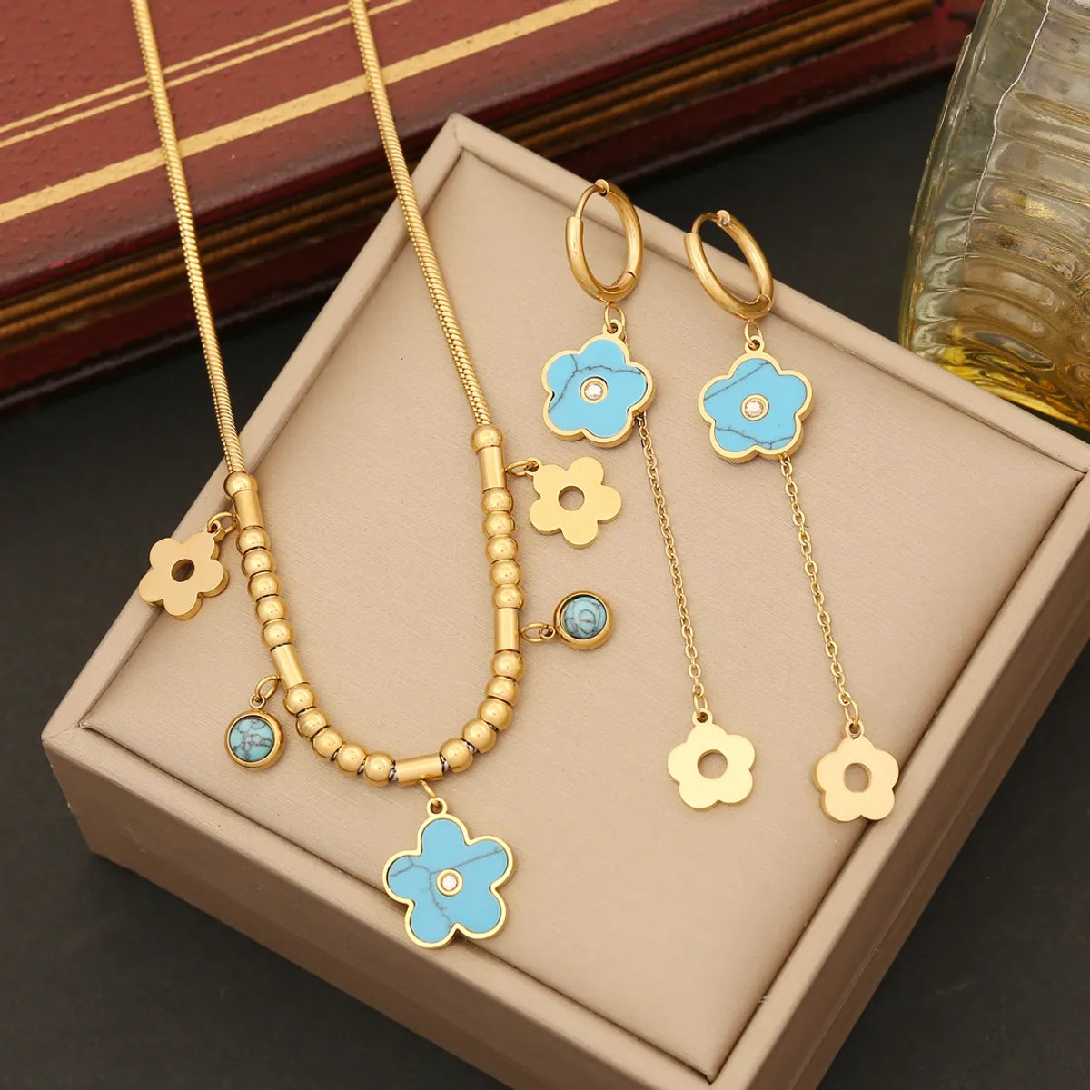 women's bracelets with chain -Ig Style Classic Style Flower Stainless Steel Plating Inlay Turquoise Bracelets Earrings Necklace