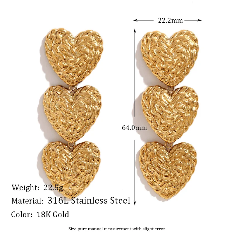 Beating Pattern Three Peach Heart Eardrops-Gold