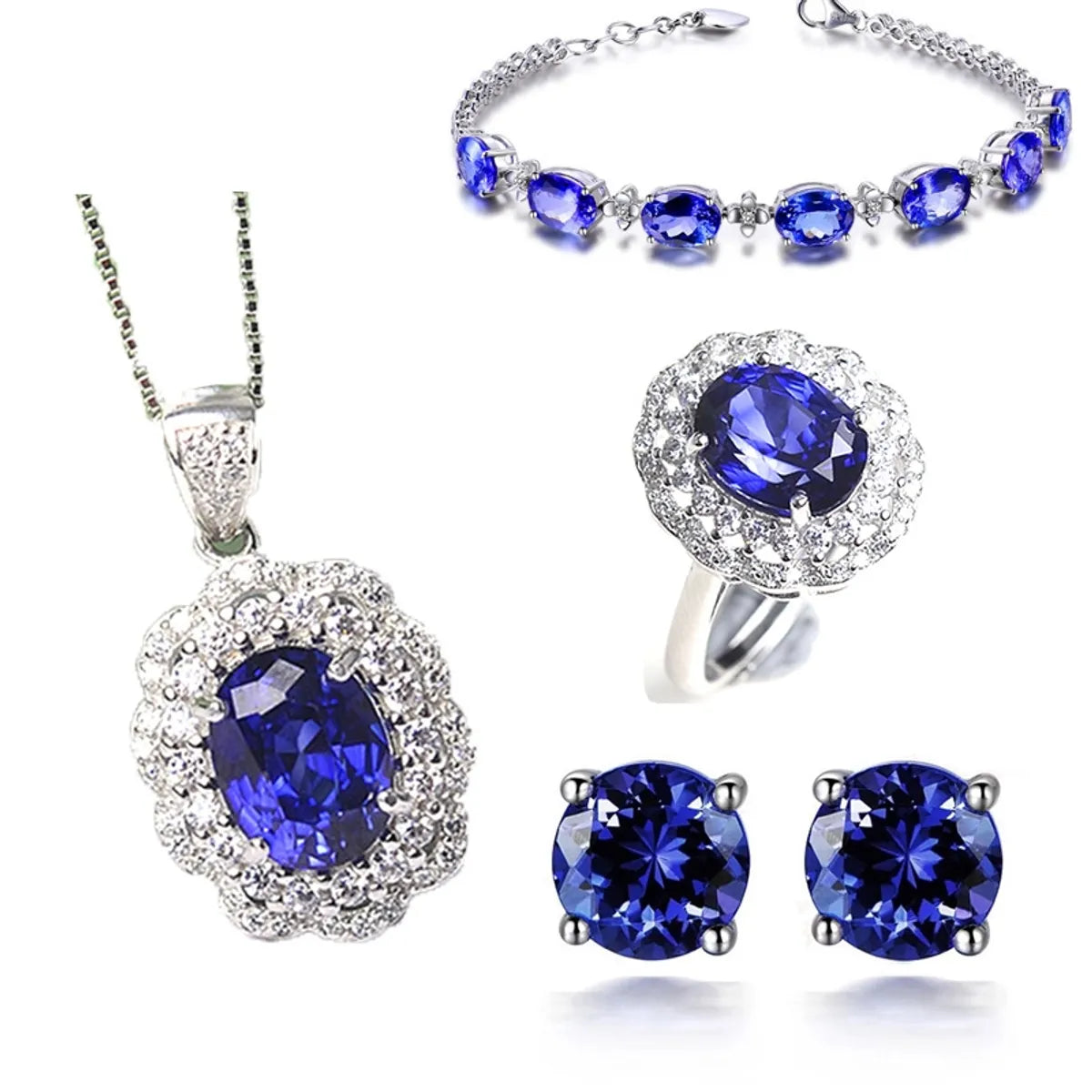 women's bracelets with sparkling diamonds -Jewelry Set Geometric Bracelet Tanzanite Petal Ring Blue Crystal Pendant Four Claw Earrings