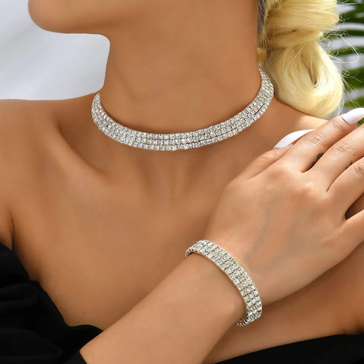 women's bracelets with leather wrap -Bridal Round Alloy Inlay Rhinestones Bracelets Necklace