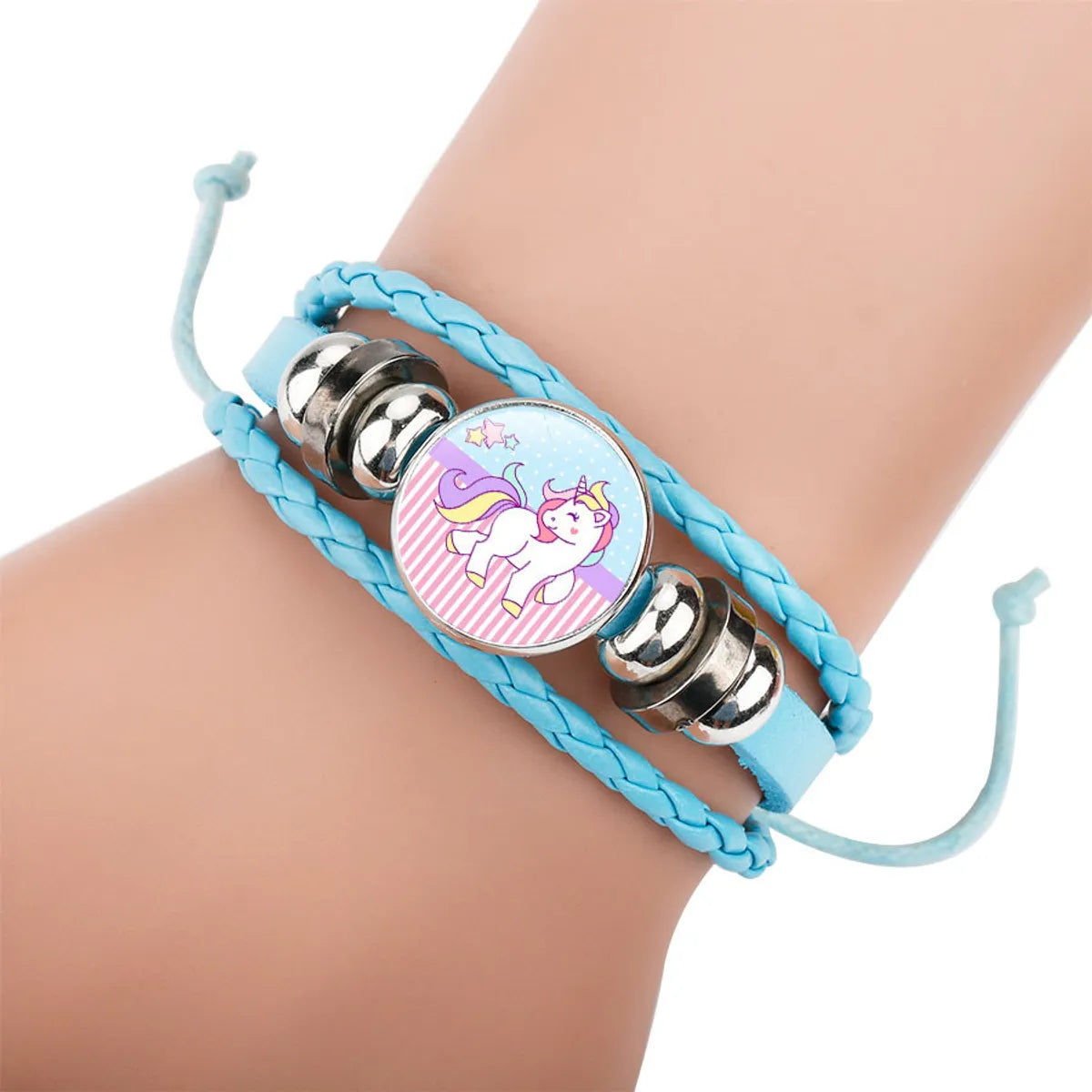 women's bracelets with aquamarine -Cute Children's Cartoon Unicorn Pony Blue Hand-woven Rope Leather Bracelet