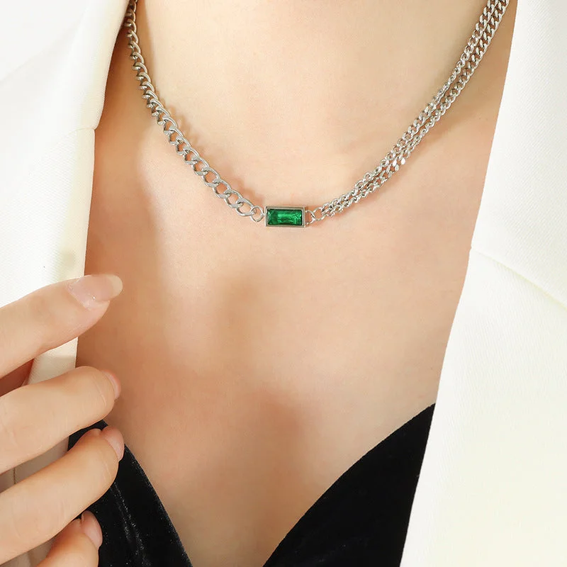 P765-Steel Green Zircon Necklace-40+5cm