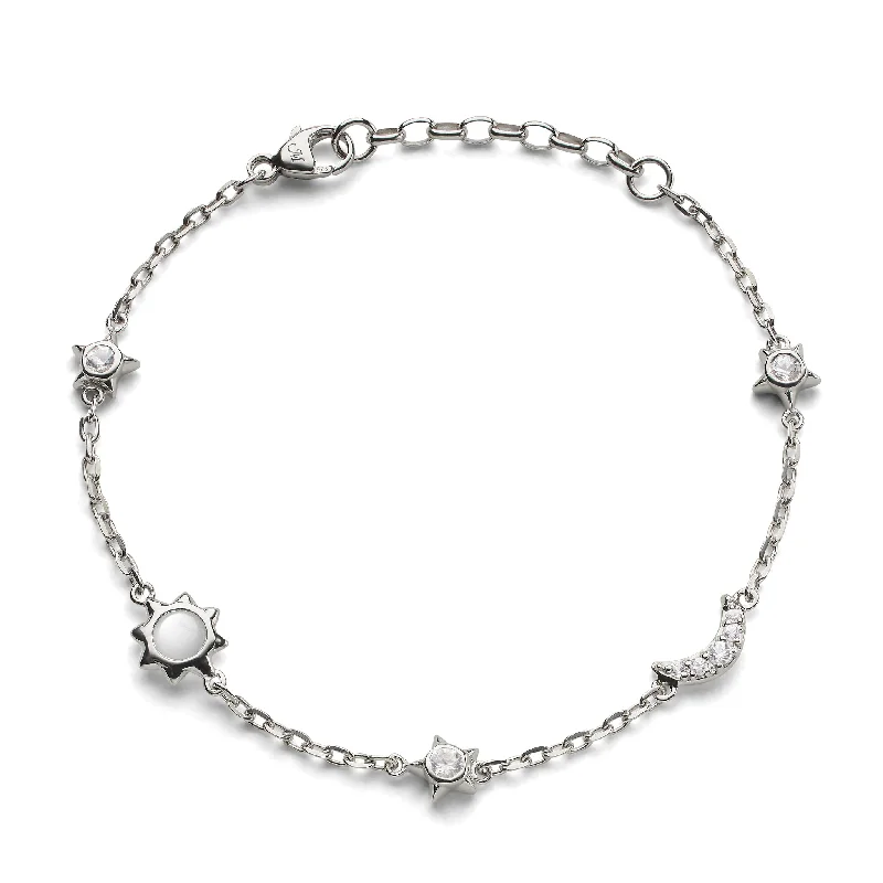 women's bracelets with polished finish -Sun, Moon and Stars Moonstone and White Sapphire Chain Bracelet