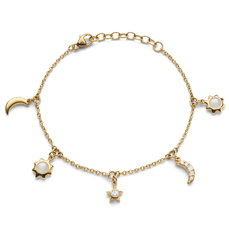 women's bracelets gold -Sun, Moon and Stars Dangling Diamond and Moonstone Chain Bracelet