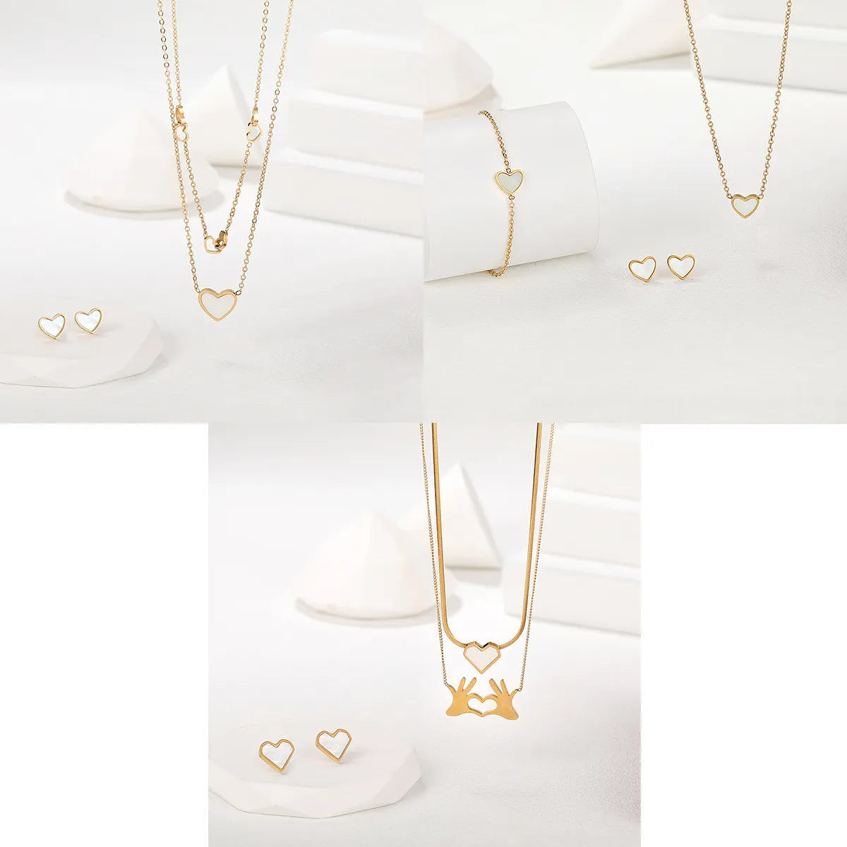 women's bracelets with polished finish -Elegant Modern Style Heart Shape Stainless Steel Plating Inlay Shell 18k Gold Plated Bracelets Earrings Necklace