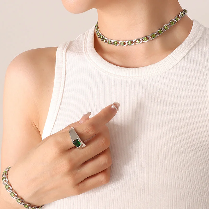 P256-Steel Light Green Zircon Necklace-35+5cm