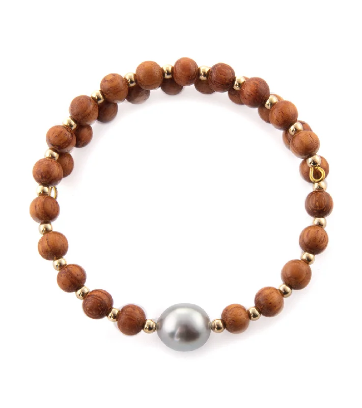 women's bracelets with heart-shaped charm -Koa and Tahitian Pearl Beaded Bracelet - Gold Filled