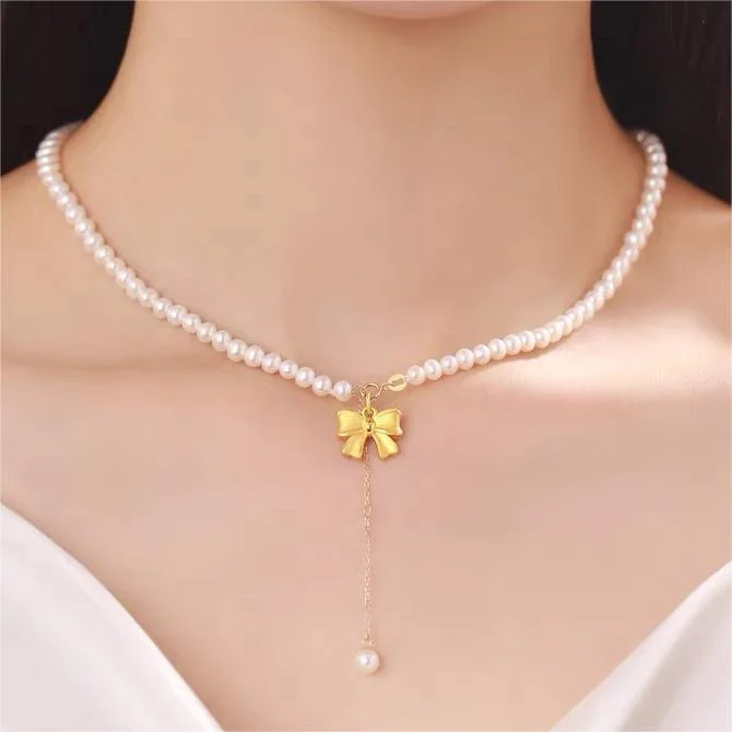 Gold-Princess Pearl Bow Necklace