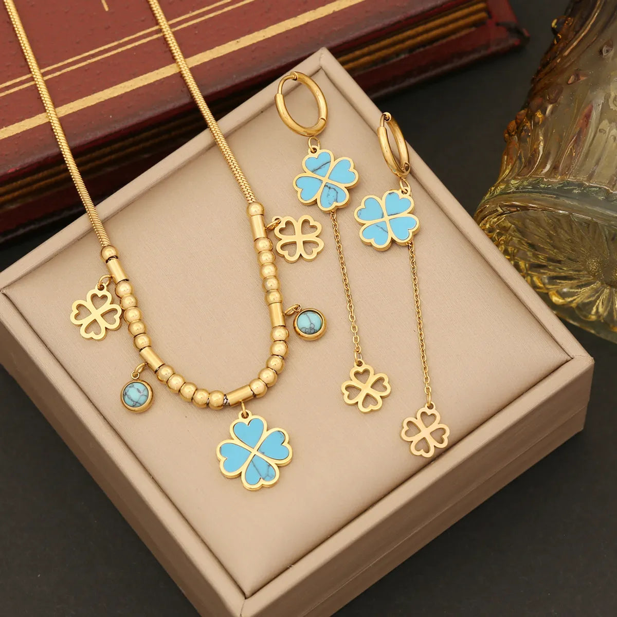 women's bracelets with chic bangle -Wholesale Elegant Flower Stainless Steel Plating Inlay Turquoise Bracelets Earrings Necklace