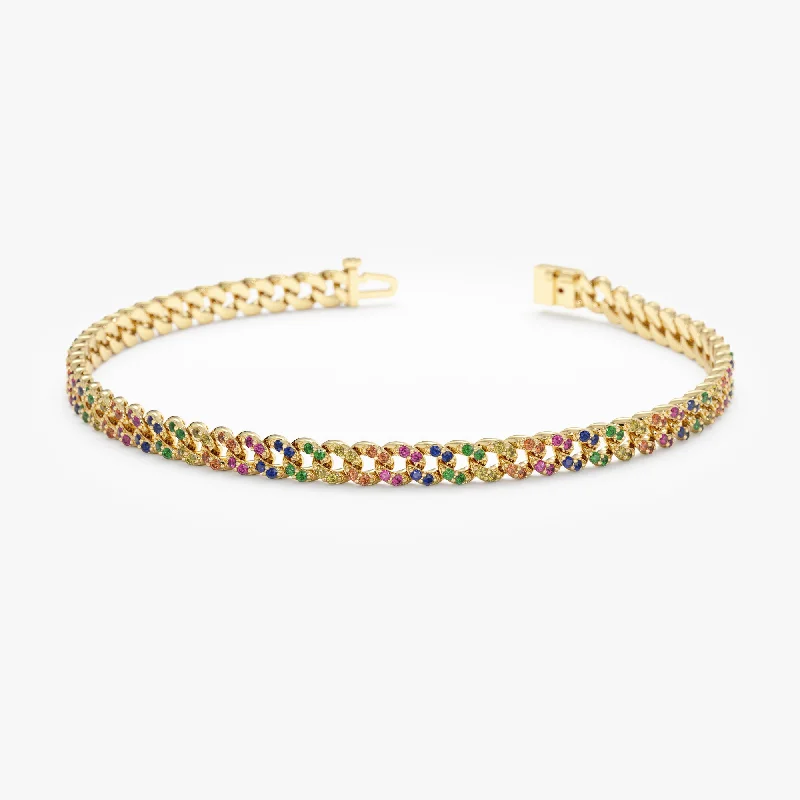 women's bracelets with bohemian flair -Rainbow Sapphire Cuban Chain Bracelet - 3 mm, Sonya